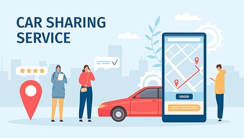 Car sharing service. Big smartphone screen with mobile app and people ordering cars for share or rent. Flat online carsharing vector concept. Booking or renting car for trip in application