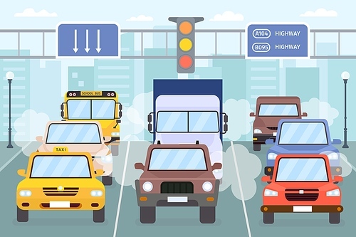 Traffic jam. Cars on city road smoke, smog and exhaust gas. Vehicle, taxi, truck and bus urban highway. Air pollution vector concept. Illustration traffic street, city travel, automobile congestion
