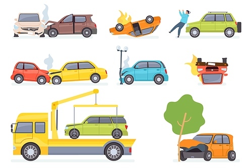 Cars accident. Insurance transportation on tow truck, auto collision with tree or street light. Vehicle crash vector set. Illustration insurance car, vehicle transportation after road accident