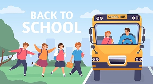 Kids ride to school. Group of elementary students board bus with driver. Cartoon preschool children road trip back to school vector concept. Cheerful male and female characters entering vehicle