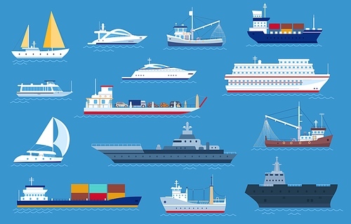 Sea boats. Fishing and cargo ships, yacht, shipping boat, cruise ocean liner, motorboat and military warship. Sailboat transport vector set. Luxury private and industrial transportation