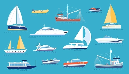 Yachts and sailboats. Small sea transport, motorboat and fishing ship. Flat marine regatta boat, ocean vessel with sail or motor, vector set. Luxury transport for relaxation and vehicle for fishing