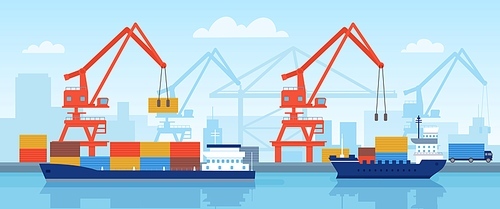 Cargo ship in port. Delivery maritime transport with containers loading in harbour with crane. Flat logistic or import by sea vector concept. Industrial port with crane and delivery transportation