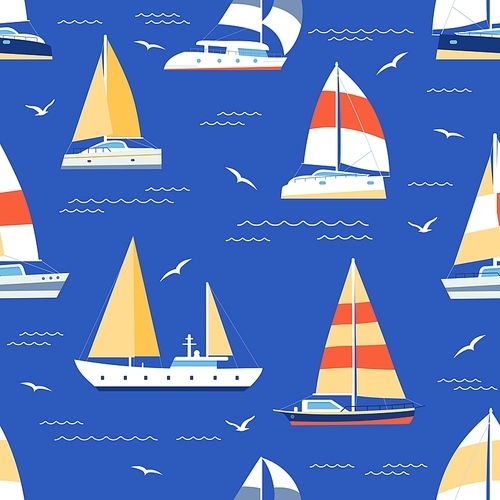 Boats seamless pattern. Summer marine  with sailboats and yacht on sea. Sailing regatta ships travel in blue ocean, flat vector texture. Ocean design for wallpaper and wrapping paper