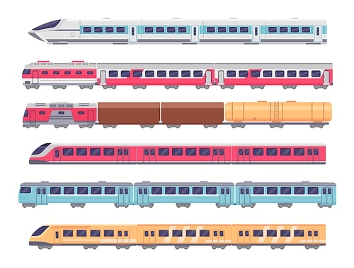 Passenger trains. Cartoon subway, express and cargo train. Underground transport with wagons. Metro locomotive, railway carriage vector set. Train public on railroad, modern railway carriage