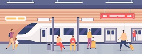 Subway platform with people. Passengers on metro station waiting for train. City underground public railway transport, flat vector concept. Illustration people commuter transportation by railway