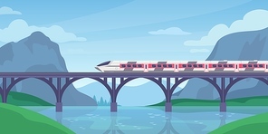 Train on bridge. Mountain landscape with speed electric train on railway. Fast railroad transport. Traveling adventure trip vector concept. Illustration train on bridge rail, railway landscape