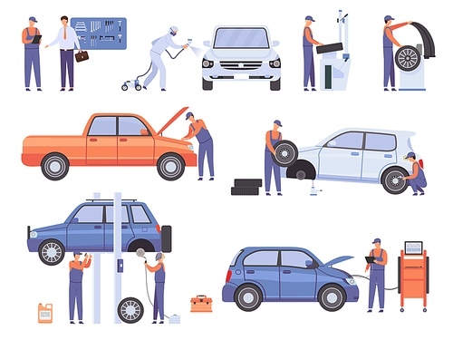 Car repair service workers. Mechanic in automobile workshop change wheels and fix damage vehicle. Cars maintenance center people vector set. Illustration mechanic and worker, repairman auto