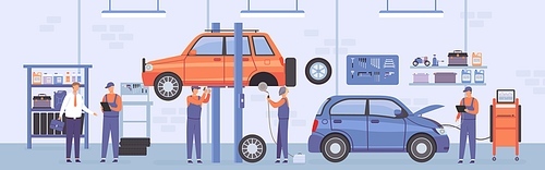 Car repair workshop. Auto service interior with mechanic workers, lifted cars and customer. Automobile maintenance center flat vector scene. Auto workshop repair, car service garage illustration