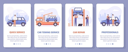 Auto repair service. Car towing and mechanical maintenance center landing pages. Screen poster for automobile mechanic mobile app vector set. Illustration professional technician worker