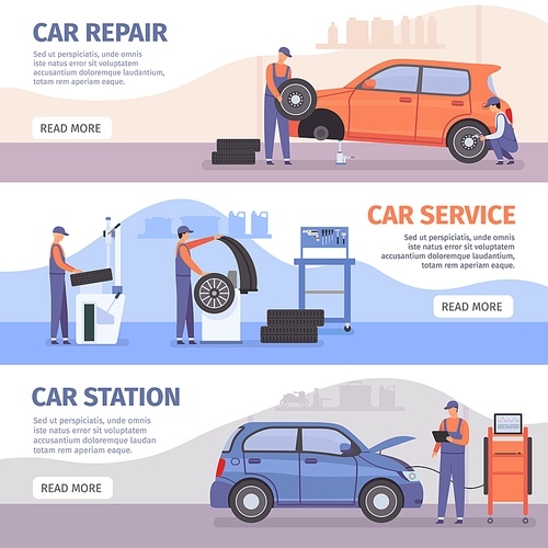 Auto repair service banner. Car workshop posters with workers fix cars and wheel tires. Vehicle mechanic maintenance advertising vector set. Illustration diagnostic repairman, professional banner