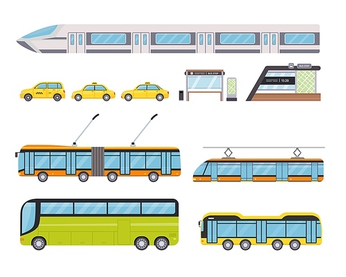 Flat public city land transport and yellow taxi car. Urban vehicles and bus stop. Cartoon trolleybus, underground train and tram vector set. Town vehicles or transport isolated elements
