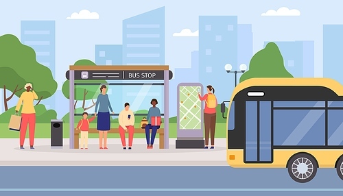 Flat people waiting at city public bus stop. Passengers sitting and standing at station, bus arriving. Urban travel transport vector concept. Woman searching route on map, transport