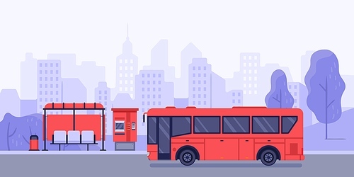 Public transport stop and autobus. Vector bus stop and transport public service illustration