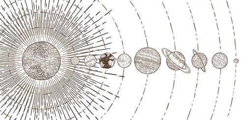 Orbital planets system. Astronomy solar systems, solars planet orbit planetary satellite, Mercury Venus Mars Jupiter Saturn Uranus earth orbiting sun and vintage space astrology vector illustration