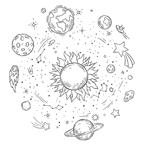 Doodle solar system. Hand drawn sun, cosmic comet and planet earth vector illustration. Outer space outline coloring book drawing. Celestial bodies spinning around star. Astronomy concept