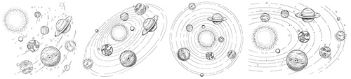 Sketch solar system. Hand drawn planets orbits, planetary and earth orbit vector illustration set. Astronomy themed coloring book drawings pack. Celestial bodies orbiting around sun in center