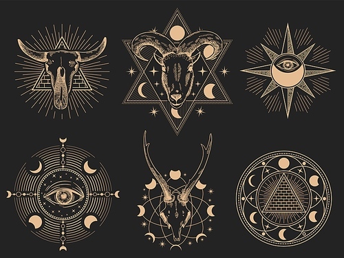 Occult symbols. Vector illustration set. Occult magic tattoo, sacred spirituality esoteric collection, mystic ornament masonic