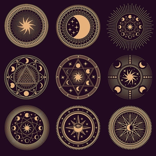 Mystic circle symbols. Vector illustration set. Astrology moon and pyramid, eclipse spirituality, freemasonry mysterious collection round emblems