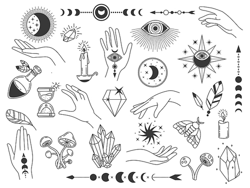 Boho mystic elements. Witch magic vintage logos with crystals, hands, moon and eyes. Outline spiritual and esoteric tattoo design vector set. Illustration magic tattoo, mystic boho esoteric