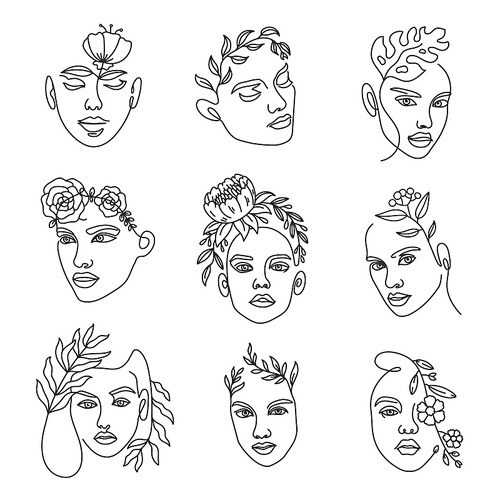 female face line with flowers. continuous lines art with woman minimalist portraits with bouquet in hairs. fashion beauty logo vector set. elegant art for countour  and advertisement