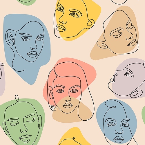 Female face seamless pattern. Modern continuous one line minimalist woman abstract portraits. Outline beauty girl heads art vector texture. Trendy design for colorful feminine textile