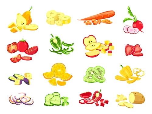 Sliced fruit and vegetable. Cartoon vegetarian food cutted slices, rings and pieces. Fruits half cut of orange, apple and banana vector set. Vegetable and fruits banana eggplant illustration