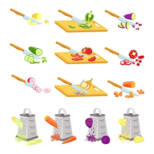 Cut vegetables on board. Knife chopping onion, tomato and radish on wooden boards. Grater rub carrot. Recipe cooking slices vector set. Knife cut cucumber and pepper, salad and tomato illustration