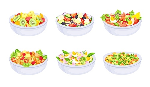 Salad dishes. Bowl with fresh healthy vegetable slices. Greek, fruit salad and caprese. Vegetarian diet meal. Natural ingredients vector set. Bowl salad organic, dish with fruit food illustration
