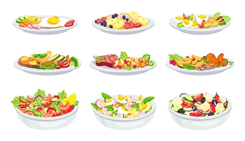 Healthy meal. Breakfast, lunch, salad and dinner menu. Oatmeal with fruit. Balanced diet with vegetables, eggs, meat and seafood, vector set. Illustration lunch dinner, breakfast with vegetables
