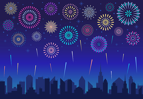 Night city fireworks. Holiday feast celebration firework, celebrated festive firecracker over town new year, carnival or independence day celebrate silhouette vector background