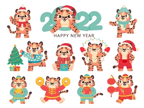 cute tiger 2022. chinese happy new year symbol tigers in  costume with gold. merry christmas animal in santa hat vector set. illustration traditional christmas costume striped tiger cartoon