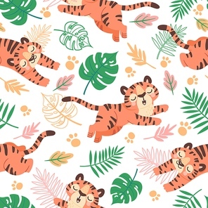 Baby tiger seamless pattern. Cute childish cartoon tigers, paw and tropical leaves. Jungle animal, wild cats, kids vector wallpaper. Pattern wallpaper with tiger, baby childish background illustration