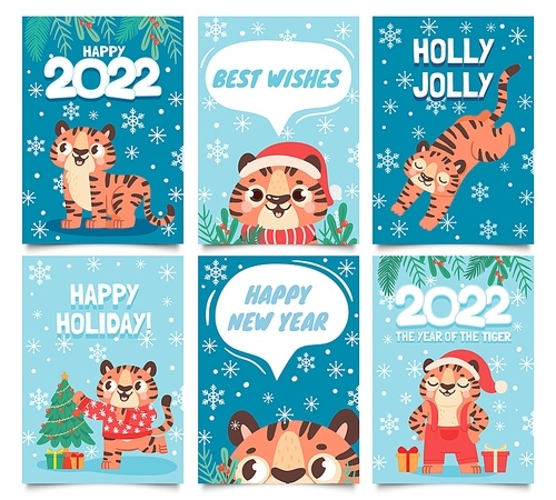New year 2022 cards. Merry christmas poster with cartoon tiger decorate tree. Baby tigers in santa hat. Happy holidays greeting vector set. 2022 holiday banner graphic, wildlife character illustration