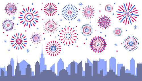 Night city fireworks. Celebrated festive firecracker over town silhouette. Summer party celebration festival cityscape firework explosion city culture. Vector background illustration