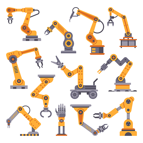 Robotic arms set. Manufacturing automation technology. Industrial tools mechanical robot arm machine hydraulic equipment automotive. Factory assembly robots conveyor isolated flat design vector set