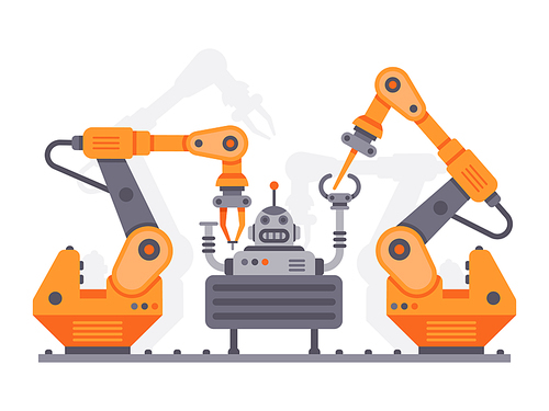 Flat auto robots factory. Electronic assembly of bot or machine operator arm or auto robot hand, industrial technology manufacture mechanic device equipment vector illustration