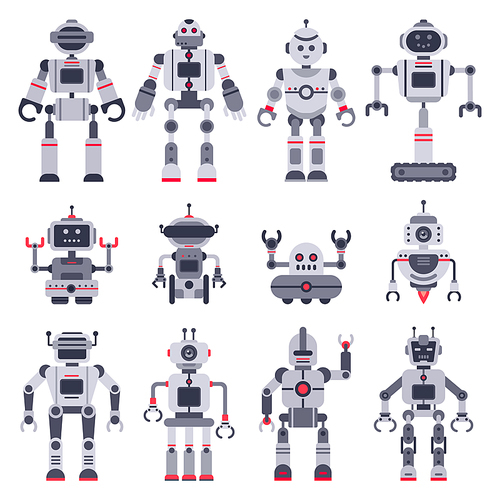 Flat robots. Electronic robot toys, cute chat bot mascot and robotic toy smart transformer android, hi tech cyborg characters. Modern artificial intelligence vector isolated icons illustration set