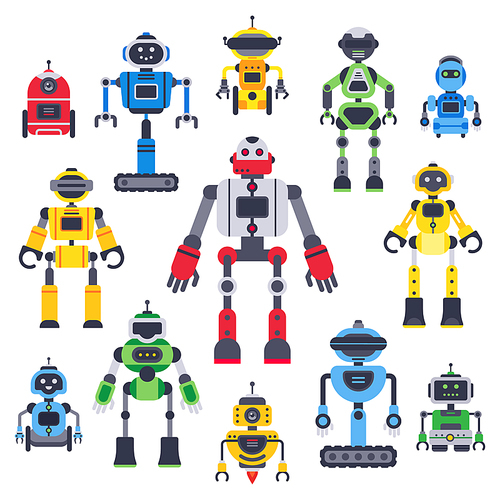 Flat bots and robots. Robotic bot mascot, humanoid robot and cute chatbot, chatter assistant icon for social problems, assistance ai online calls colorful vector flat characters isolated sign set