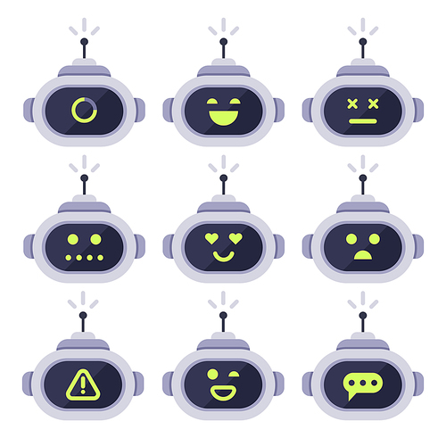 Chatbot avatar. Computer chat bots, android robot facial expressions and robotic cyborg head. Robots digital assistant adviser chatterbot face with antenna logo or bot vector isolated icon set