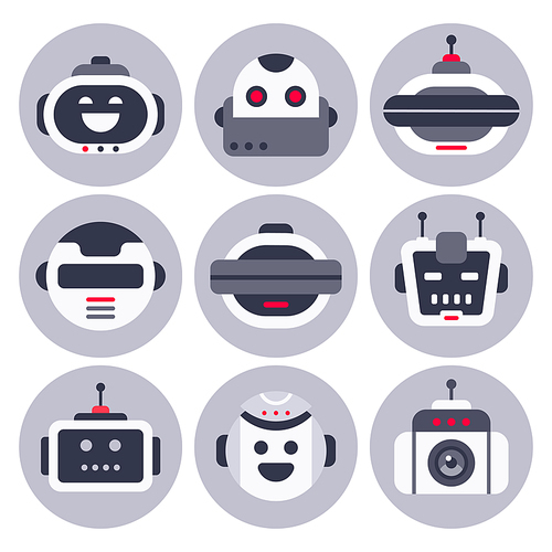 Robot icon. Robotic chatbot avatar, computer chat help bot robots and virtual assistant digital chatting bots for customer call talk service, computer conversation assistance isolated vector icons set