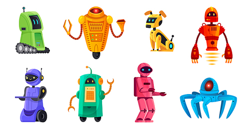 Cartoon robots. Robotics bots, robot pet and robotic android bot characters technology. Spaceman robot kids toys, robotic alien mascot or futuristic cyborg. Vector illustration isolated icons set