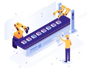 Isometric robotic factory. Engineer operates robotic conveyor, automatic robot arm and industrial manufacture. Robot ai steel arms construction, industry factory worker vector illustration