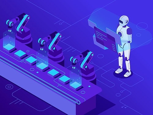 Manufacturing automatization. Artificial intelligence controls automated conveyor and robotized industry. Industrial factory work automatization, robotic plant isometric vector illustration