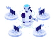 Artificial intelligence network. Virtual AI bot, chat with computer assistant and machine learning. Digital robotic chatbot software, futuristic isometric isolated vector concept illustration