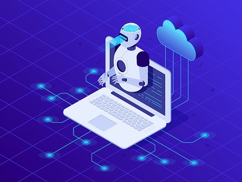 Artificial intelligence on laptop screen. Cloud neural network, AI robot, digital communication chatbots or future question chat conversation intelligence 3D isometric vector illustration