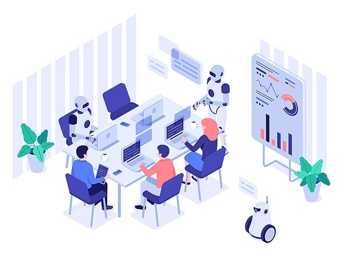Robot and human office workers. Robotic worker, humans and robots work together in futuristic workplace. Ai programmer or cyborg illustrator working with people isometric vector illustration