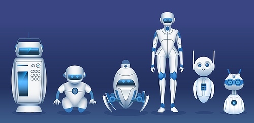 Robot characters. Cartoon futuristic robots, androids and bots. IT future technology, fun ai assistants vector set. Illustration android future machine, cyborg and robotic, technology of futuristic