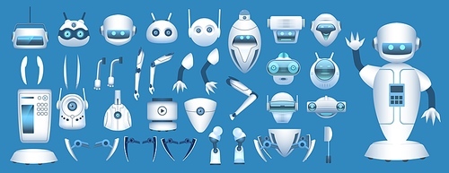 Robot character constructor. Cartoon futuristic android body parts. Robotic arms, legs and heads for animation. Robots elements vector set. Illustration robot character collection parts
