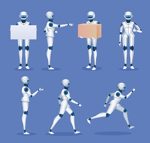 Humanoid robot mascot. Cartoon future android character poses. 3d robots running, standing, holding poster board and delivery box vector set. Illustration delivery robot service